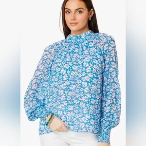 Lilly Pulitzer Ellielynn Long Sleeve Blouse In Lunar Blue Palm Beach Petals 6